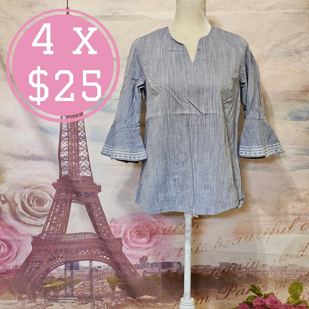 Westbound Blue and White Fitted Bell Sleeve Blouse